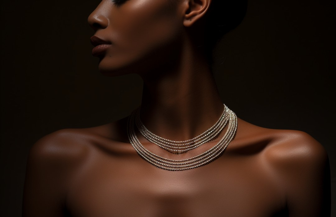 A woman wearing a necklace made of jewelry piece and conflict free diamonds