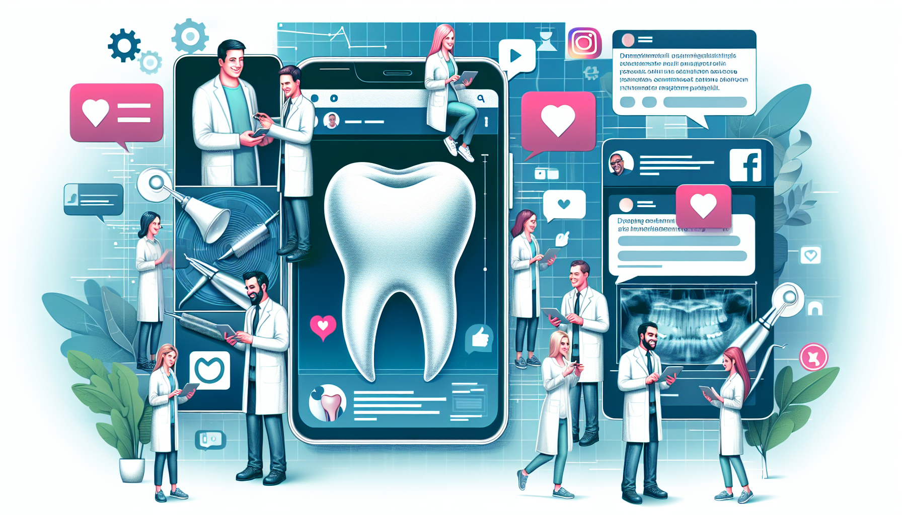 Illustration of dental professionals engaging with patients on social media
