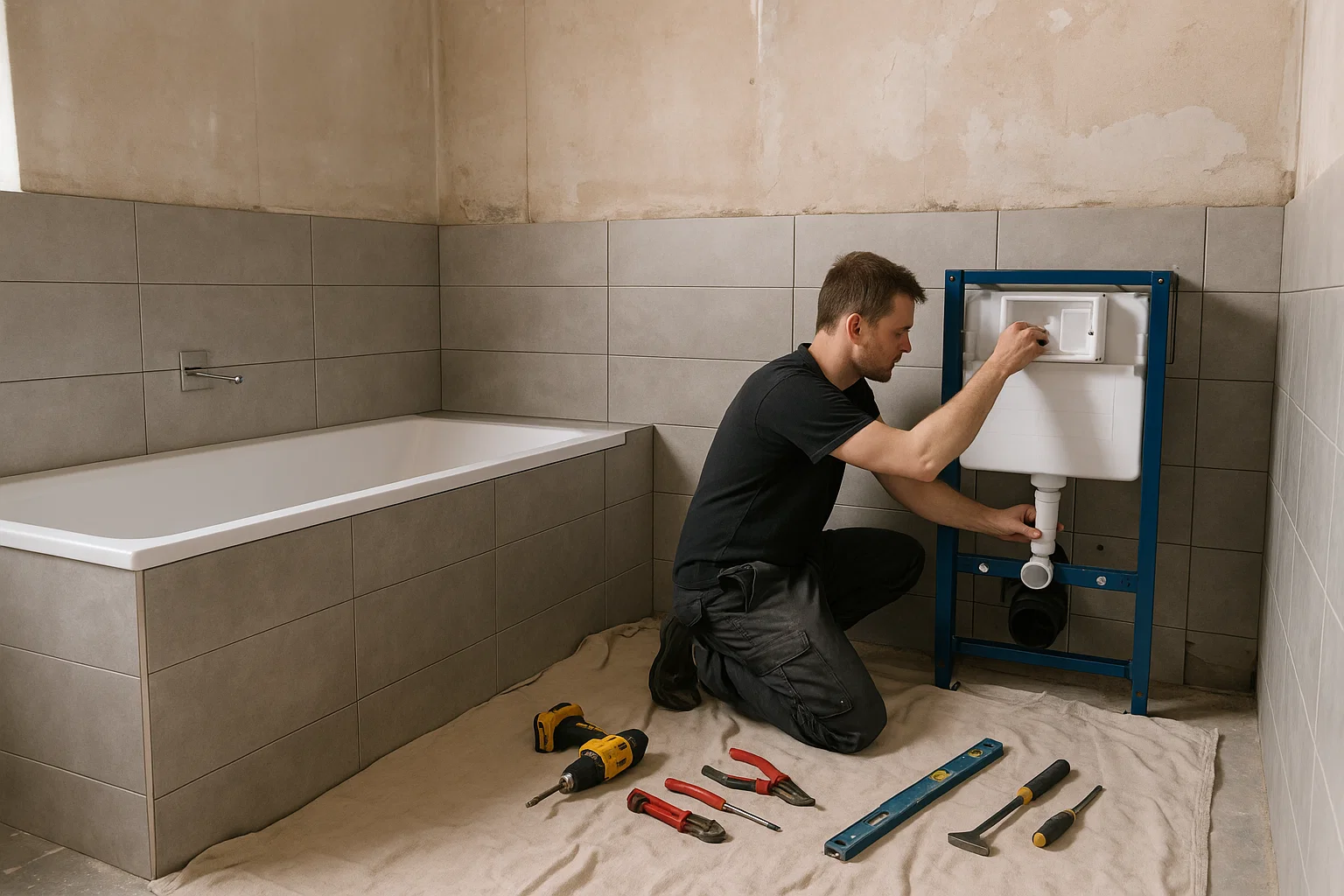 Bathroom installation underway in a Derbyshire property with local plumber fitting fixtures.