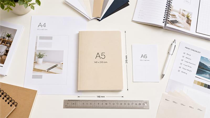 A5 notebook size measurement showing 148 x 210 mm dimensions with A4 and A6 paper size comparison
