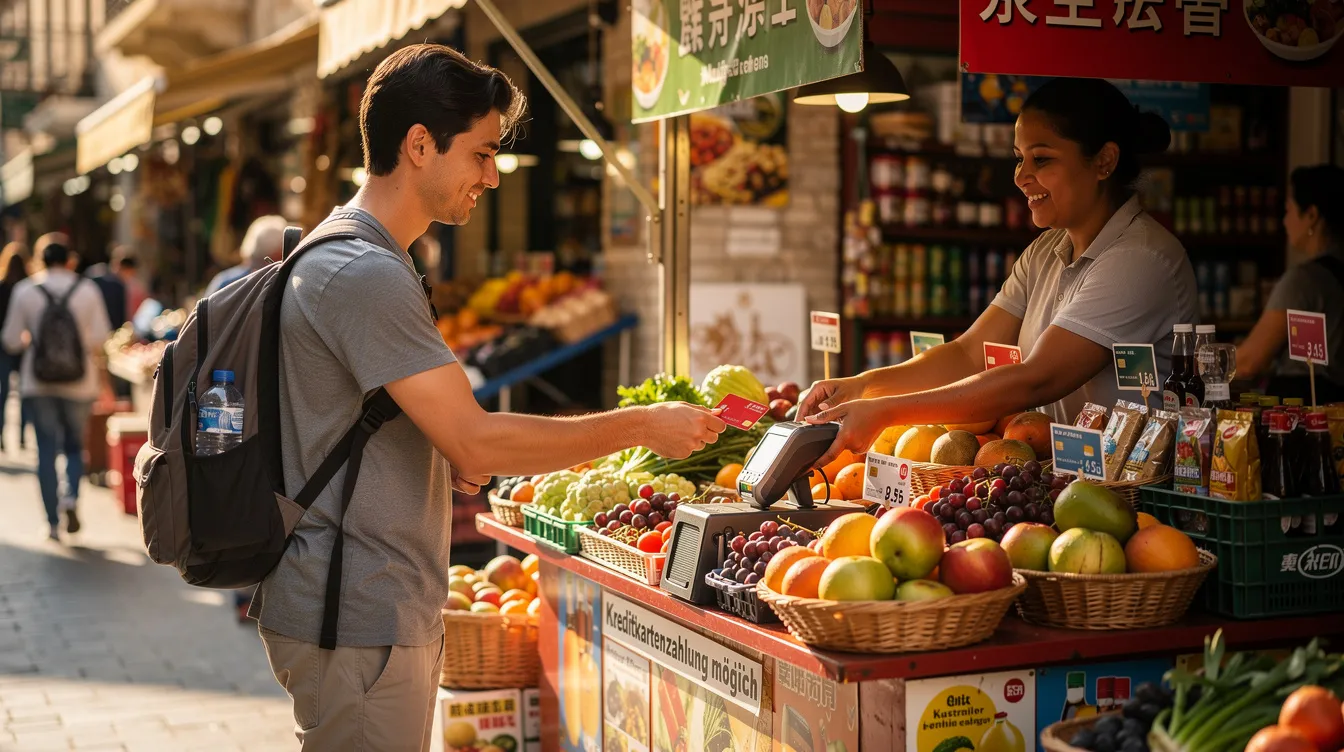 Ein Reisender steht an einem Marktstand im Ausland und bezahlt mit einer Kreditkarte, möglicherweise einer Visa oder Mastercard. Der Markt ist lebhaft und bietet eine Vielzahl von Waren, während der Reisende eine Kartenzahlung durchführt, um seine Einkäufe zu begleichen.