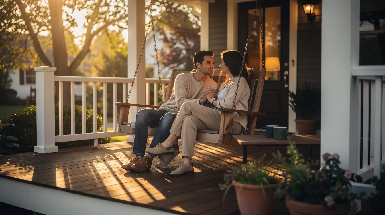 A couple sits closely on the front porch of their house, engaged in a deep conversation that reflects their healthy relationship and effective communication skills. They maintain eye contact and display open body language, actively listening to each other's feelings and concerns, creating a strong emotional connection.