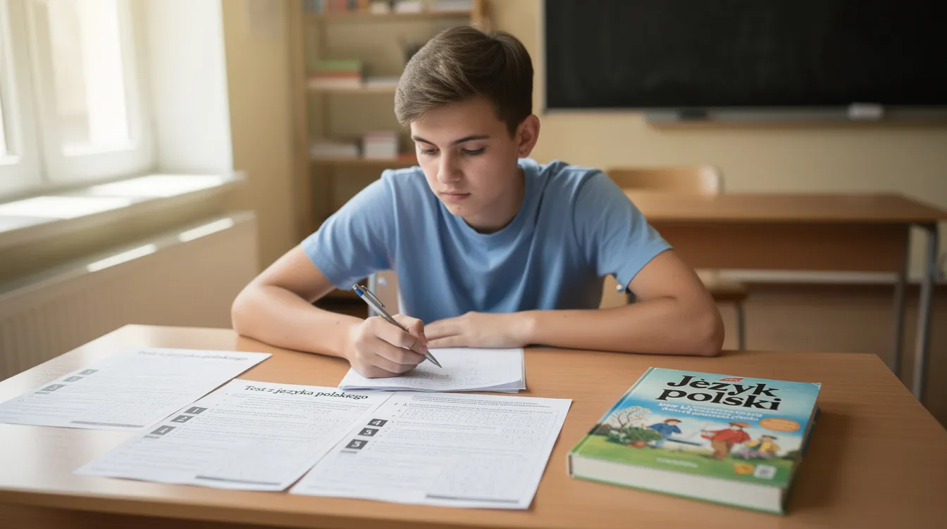 Uczeń siedzi przy biurku, na kt&oacute;rym rozłożone są kartki z testami, sprawdzianami i podręcznik do języka polskiego, przygotowując się do nauki i zaznaczania poprawnych odpowiedzi. W tle widać materiały edukacyjne, kt&oacute;re mogą być pomocne w rozwiązaniu zadań i quiz&oacute;w z klasy 7.