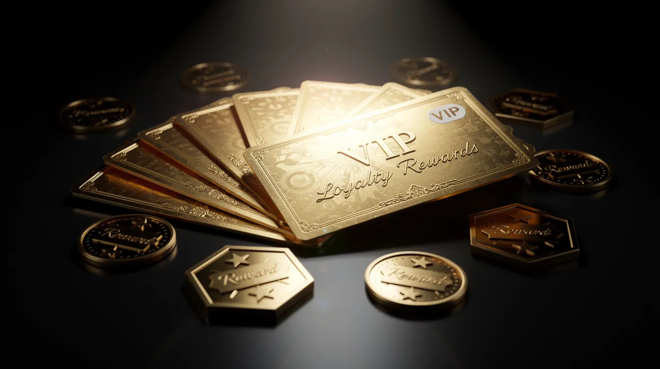 The image features an assortment of golden VIP loyalty cards and reward tokens, symbolizing exclusive benefits for players at online casinos like Rolling Slots. These cards represent loyalty bonuses and special offers that enhance the gaming experience for dedicated gamblers.