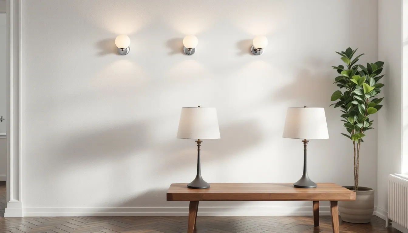 A well-lit living space featuring plug-in wall sconces and table lamps, enhancing the ambiance without altering fixtures.