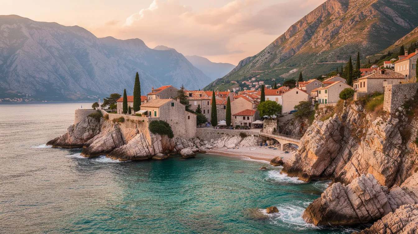 A imagem retrata uma bela paisagem de Montenegro durante o verão, com o mar Adriático em primeiro plano e montanhas verdejantes ao fundo. O céu azul e ensolarado destaca a beleza natural da região, conhecida por suas praias e clima mediterrâneo.