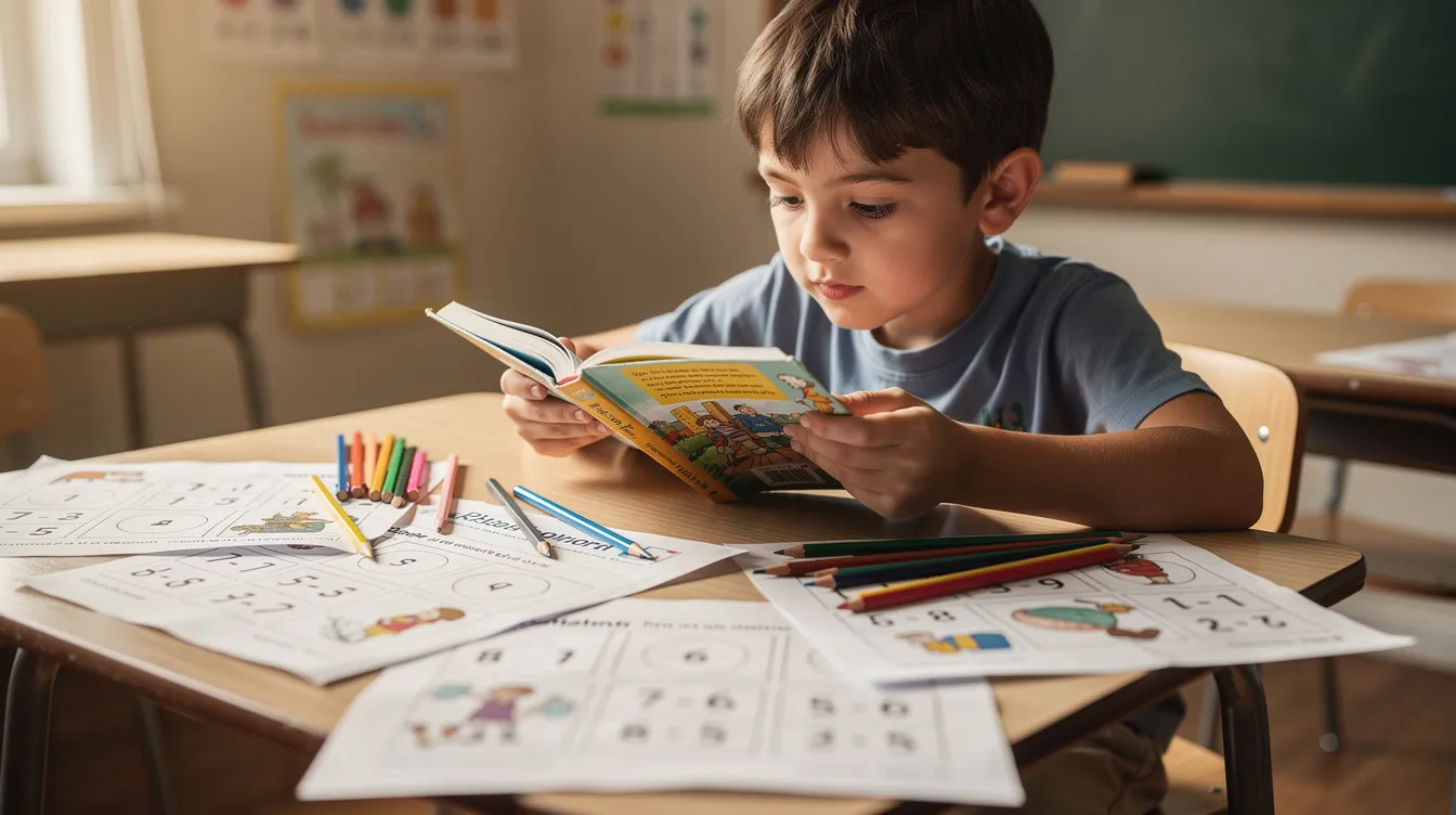 A primary school child is sitting at a desk, deeply focused on reading a thick chapter book, surrounded by school worksheets and colored pencils. This scene highlights the importance of reading comprehension and the engagement of young learners as they explore new knowledge and ideas.