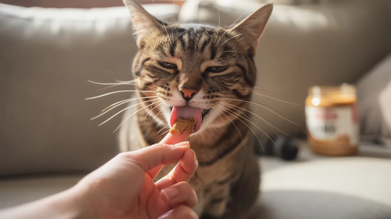 A curious cat is licking peanut butter from a small dish, enjoying the creamy texture of the spread. While most cats may find this treat appealing, it's important to be cautious about the amount given, as peanut butter can pose health risks and should only be offered in tiny amounts.