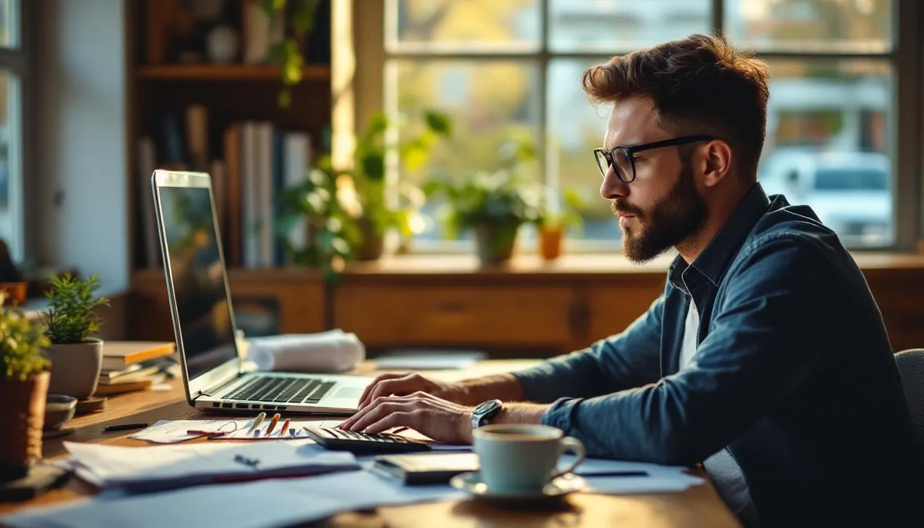 A small business owner is sitting at a desk, focused on researching various long-term business loans, including their repayment period and different financing options available from traditional lenders and online lenders. The scene suggests a determination to understand loan terms, interest rates, and eligibility requirements to meet business needs effectively.