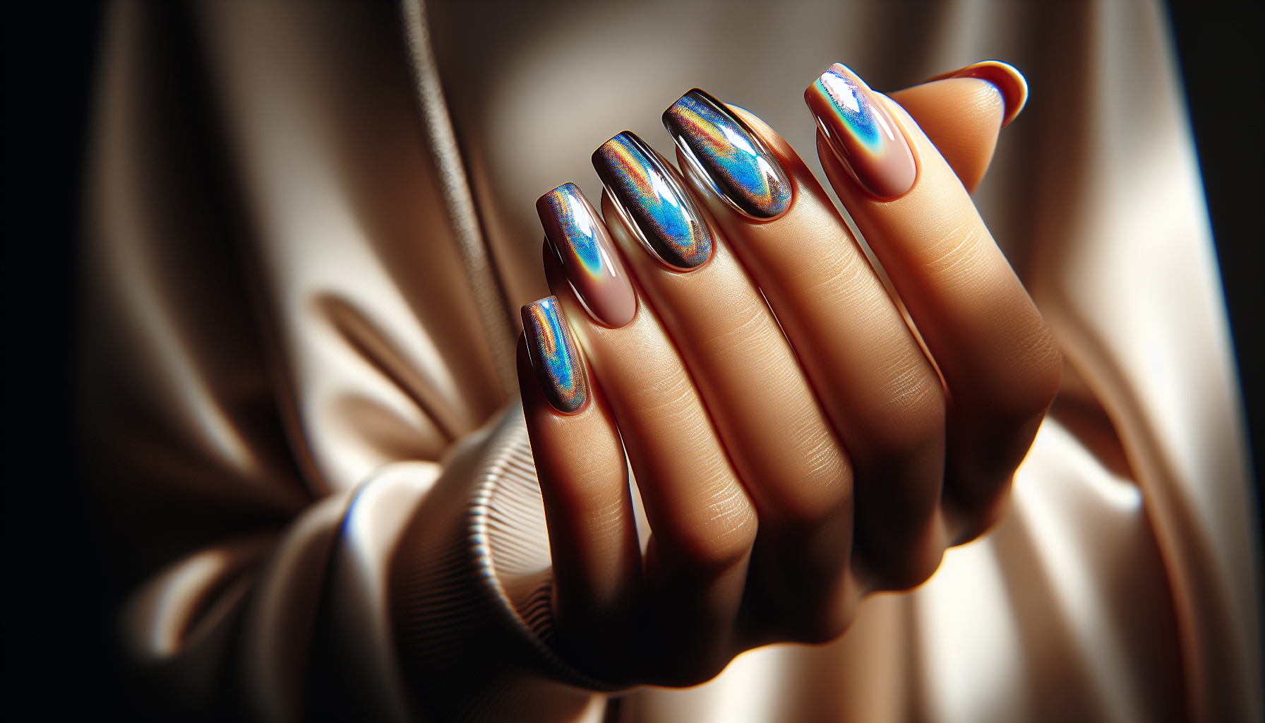 Holographic and chrome nail effects on nude base