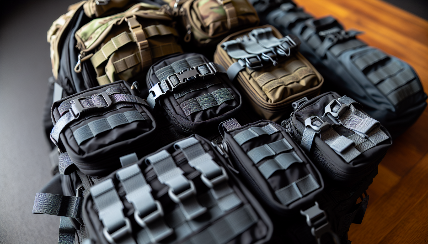 Modular pouches attached to a tactical backpack with multiple pockets