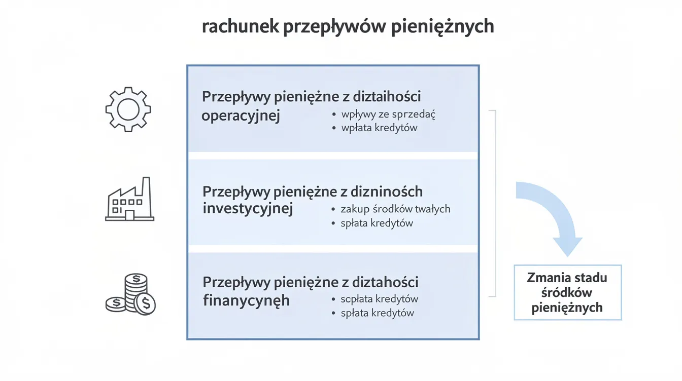 Schemat przedstawia trzy części rachunku przepływów pieniężnych, w tym działalność operacyjną, inwestycyjną i finansową, ilustrując przepływy środków pieniężnych związane z nabyciem oraz zbyciem aktywów finansowych i wartości niematerialnych. Na diagramie uwzględniono również spłatę udzielonych pożyczek długoterminowych oraz zmiany stanu środków pieniężnych.