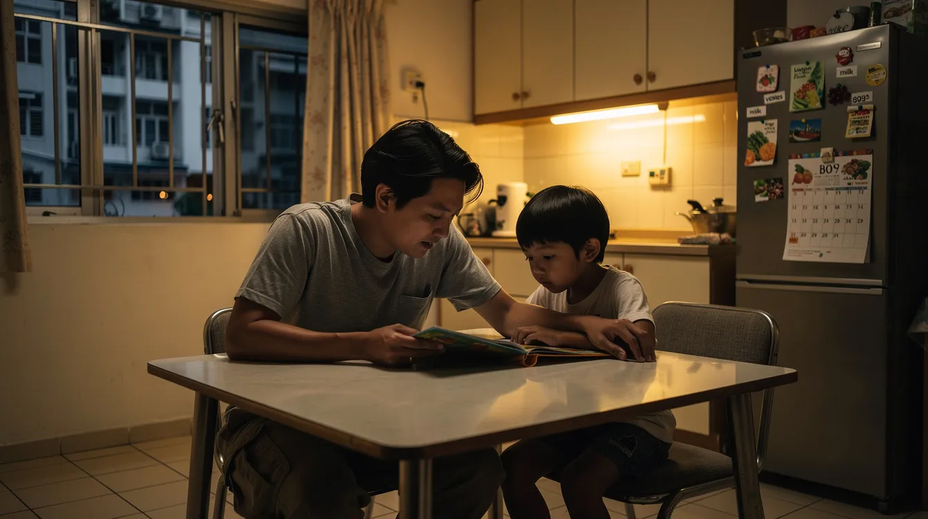 A parent and child are sitting together at a kitchen table, engaged in reading a storybook under warm lighting, with the cozy ambiance of a Singapore HDB flat in the background. This scene fosters language development and communication skills through shared reading, enhancing the child's language comprehension and expressive language abilities.