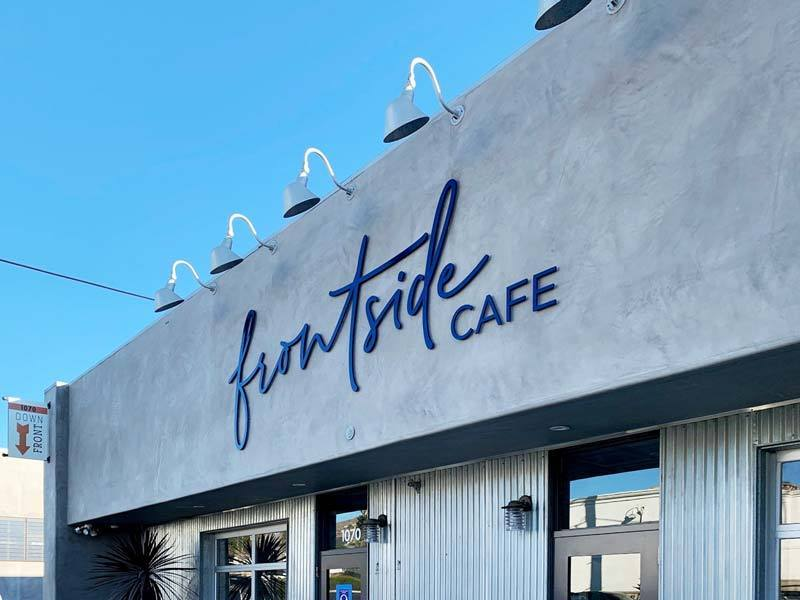 This acrylic sign, Frontside Cafe in Ventura, CA, really stands out against the gray background - also externally lit.