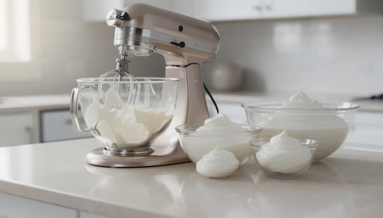 The image depicts a kitchen counter featuring a stand mixer alongside glass bowls filled with a creamy white whipped substance, likely a homemade whipped tallow balm made from organic grass-fed tallow and natural oils. The fluffy texture of the balm suggests it could be used for skincare, potentially enhanced with favorite essential oils for added benefits.