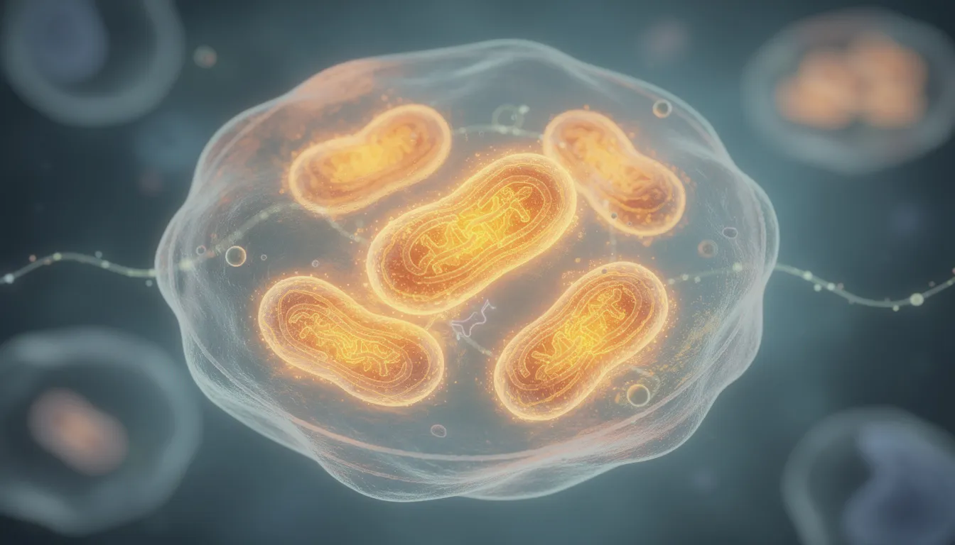 The image depicts glowing mitochondria within a cell, symbolizing cellular energy production and highlighting the importance of nicotinamide adenine dinucleotide (NAD) levels in maintaining mitochondrial function. This visual representation emphasizes the role of nmn supplementation in supporting energy levels and overall cellular health.