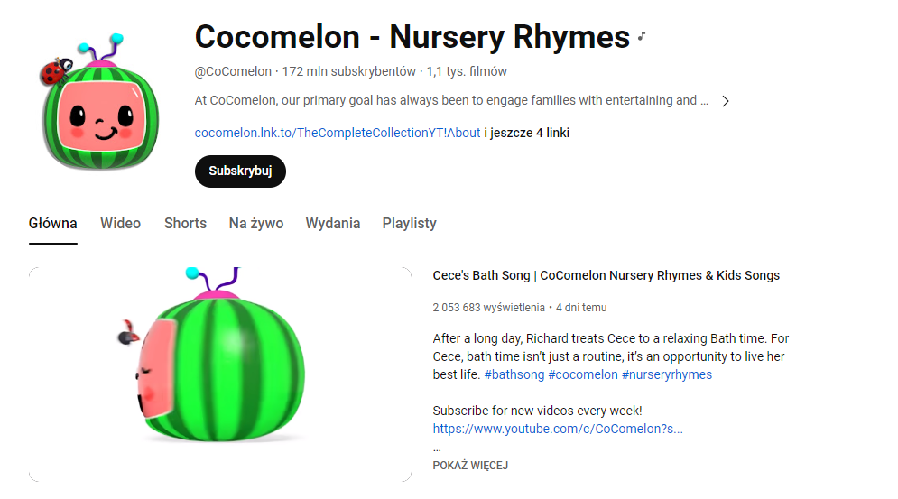 Trzeci najpopularniejszy kanał na YouTube: Cocomelon Nursery Rhymes.