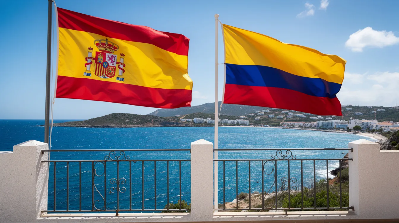 The image features the Spanish and Colombian flags displayed side by side on a sunny Mediterranean balcony, symbolizing the connection between Spanish and Colombian nationality. The vibrant colors of the flags contrast beautifully against the blue sky, representing the cultural ties and opportunities for Colombians seeking Spanish citizenship.
