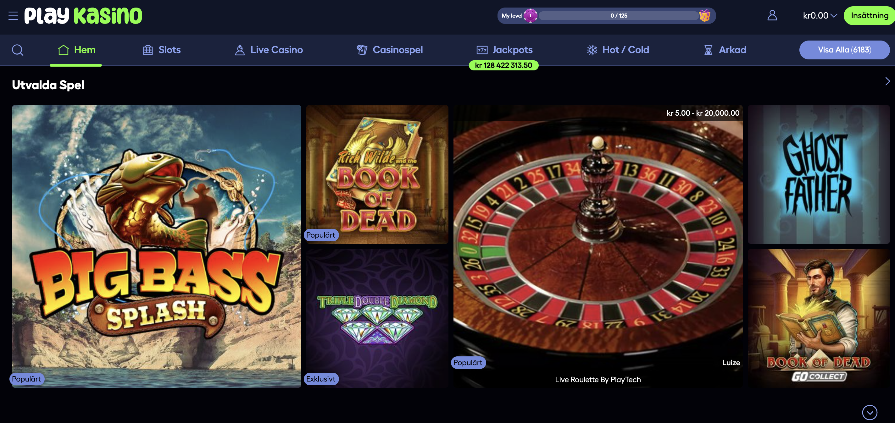 PlayKasino online casino lobby med slots, roulette och populära spel – PlayKasino recension