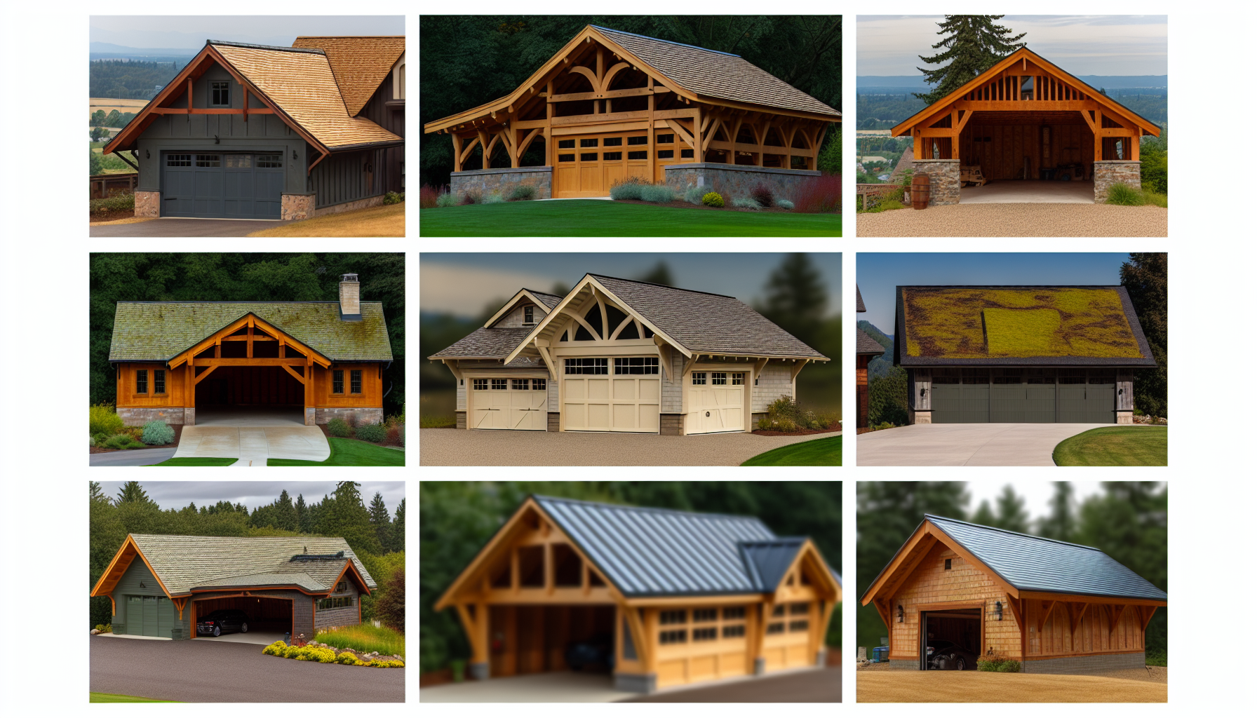 Gallery of timber frame garages showcasing different styles and roofing options