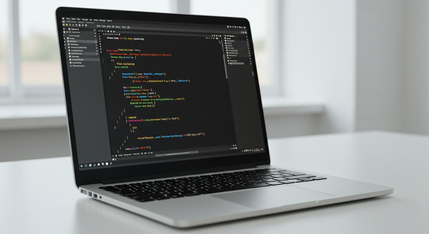 An image of a laptop showing a React-like project structure and codes