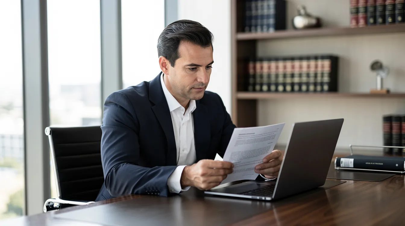 A professional attorney is seated at a modern desk in a law office, intently reviewing documents and a laptop screen, likely analyzing crucial evidence for a personal injury claim or car accident case. The environment reflects a focused atmosphere conducive to the legal process, highlighting the importance of obtaining video footage and police reports in traffic accident claims.