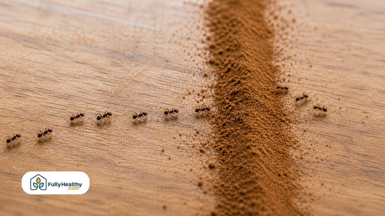 Ants avoiding line of ground cinnamon on wooden surface barrier