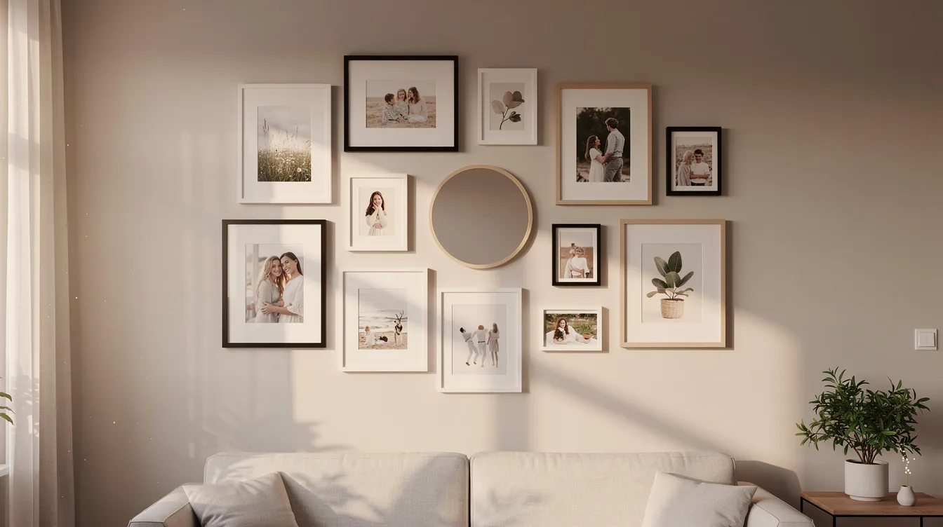 Die Wohnzimmer-Wand ist mit einer kreativen Gallery Wall dekoriert, die verschiedene Bilderrahmen, Fotos und einen kleinen runden Spiegel umfasst. Diese Wanddeko bietet eine inspirierende Atmosphäre und ist ein perfektes Beispiel für moderne Wohnzimmergestaltung.