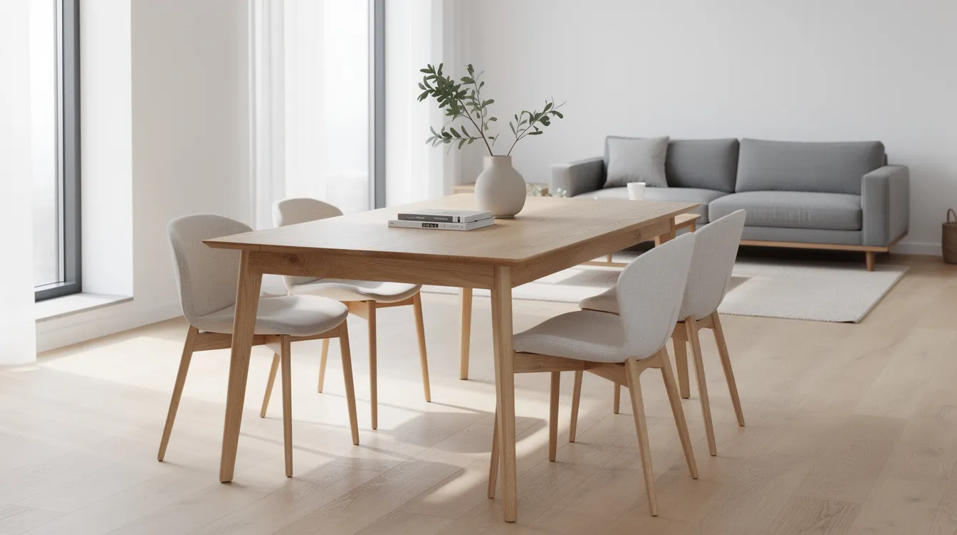 The image features a sleek Scandinavian oak dining table with a natural grain, positioned in a minimalist apartment setting that emphasizes a chic and stylish dining room. Sunlight streams in, highlighting the table as a focal point for gatherings with loved ones, complemented by elegant dining chairs that enhance the overall warmth of the living space.