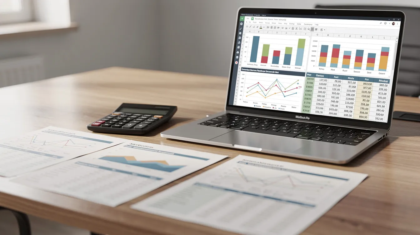 5edfcbda 8867 4b82 8ee6 5d56c159dfeb The image depicts a desk cluttered with financial documents, a calculator, and a laptop displaying financial projections in a spreadsheet format. This setup highlights the critical financial ratios and cash flow analysis essential for small and medium enterprises in the hospitality sector, particularly for preparing a term loan proposal or project appraisal.