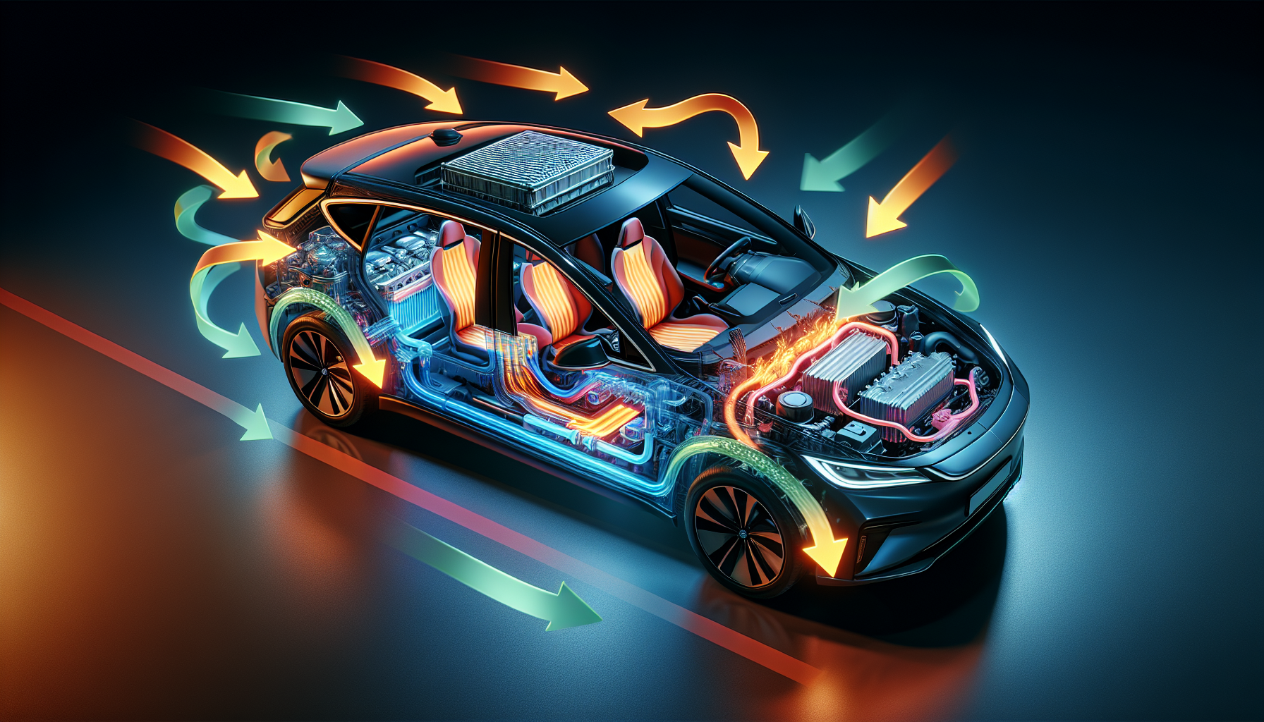 Illustration of a thermal management system regulating temperature in an electric car