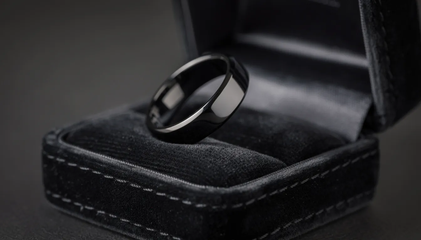 Czarna Obrączka – Znaczenie, Symbole i Wybór Nowoczesnych Obrączek 14 Na aksamitnym pudełku jubilerskim spoczywa elegancka czarna obrączka, symbol trwałości i miłości. Obrączka wykonana jest z wysokiej jakości materiałów, co zapewnia jej wyjątkową trwałość oraz komfort noszenia.