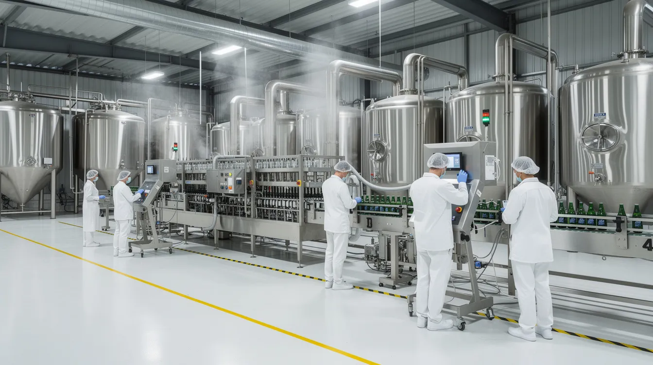 5ee2836f adab 4db6 98a2 55e76ae8afc6 The image depicts an industrial dairy processing plant featuring stainless steel equipment, where workers dressed in white uniforms are engaged in the ghee manufacturing process. This facility is designed for efficient operations in the production of high-quality ghee, highlighting the importance of raw materials and modern food processing techniques in the global ghee market.