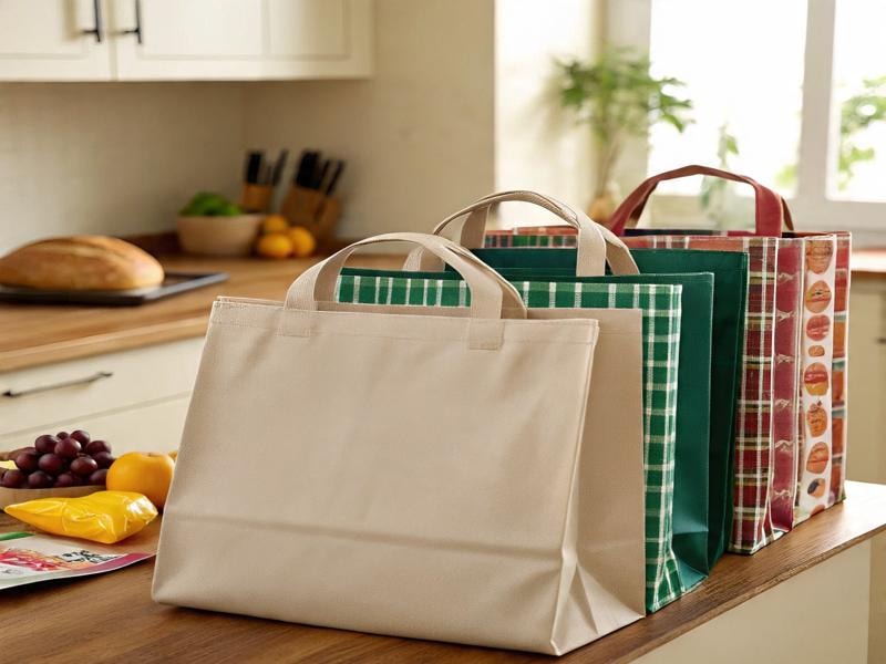 An image showing three reusable grocery bags, one plain beige, one green with a checkered pattern, and one with food prints, placed on a wooden kitchen counter beside fruits and bread.