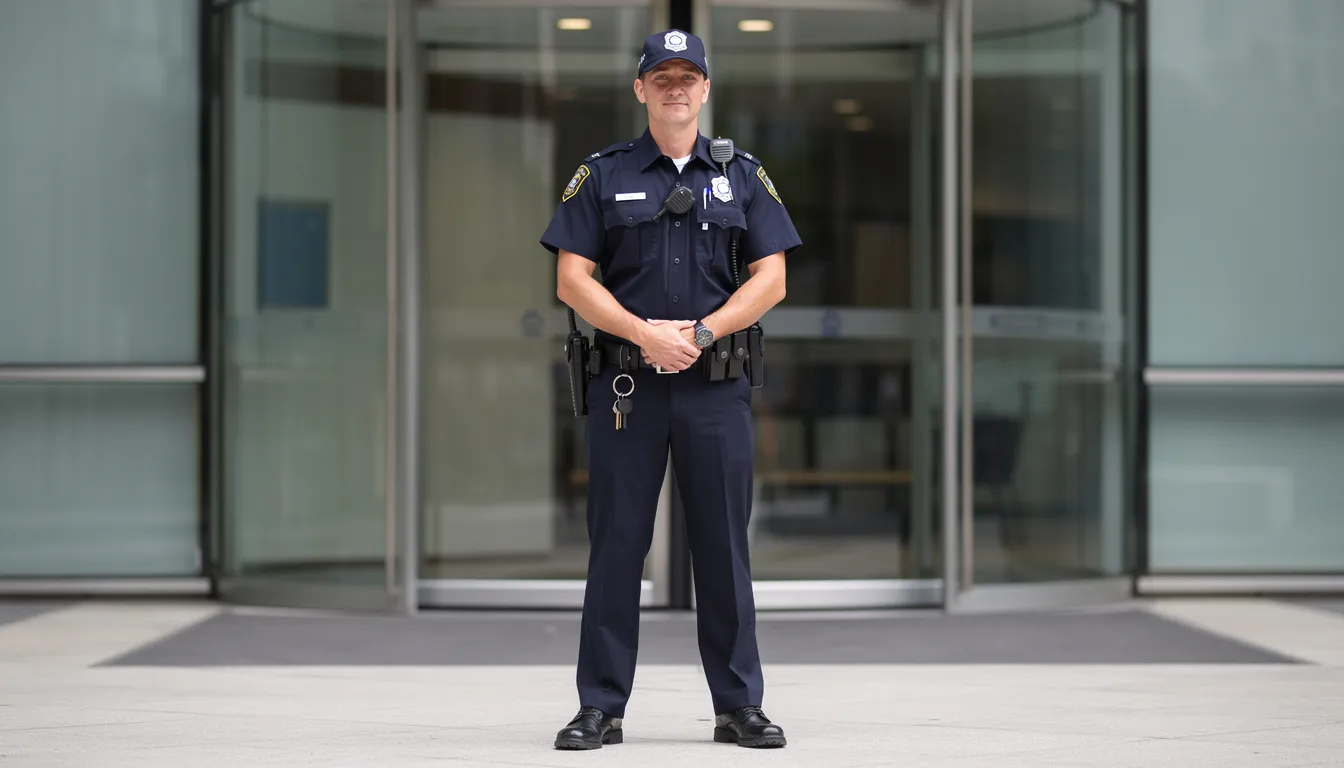A professional security guard in uniform stands at attention, embodying the commitment to safety and protection that is essential for successful events. This dedicated team of security personnel ensures a secure environment, promoting peace and well-being for all attendees.
