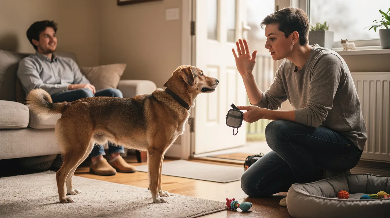 The image depicts a certified professional dog trainer engaging with a dog in a training session, using positive reinforcement techniques to teach the dog to reduce excessive barking. The setting is outdoors, where the trainer utilizes treats and commands to help the dog remain calm and quiet despite distractions from other barking dogs and outdoor noises.