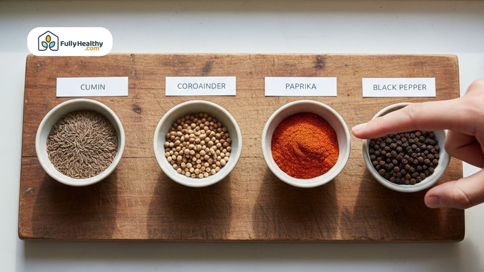Bowls labeled cumin, coriander, paprika, and black pepper