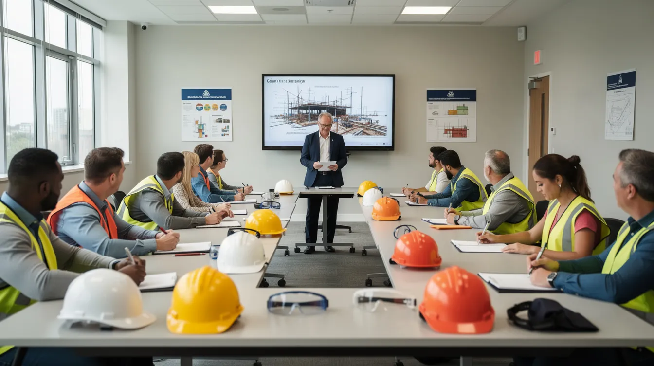 The image depicts a group of construction professionals in a training classroom, with hard hats placed on the table, as they engage in discussions aimed at enhancing their construction leadership skills. This environment fosters the development of essential leadership abilities needed for effective project management in the construction industry.