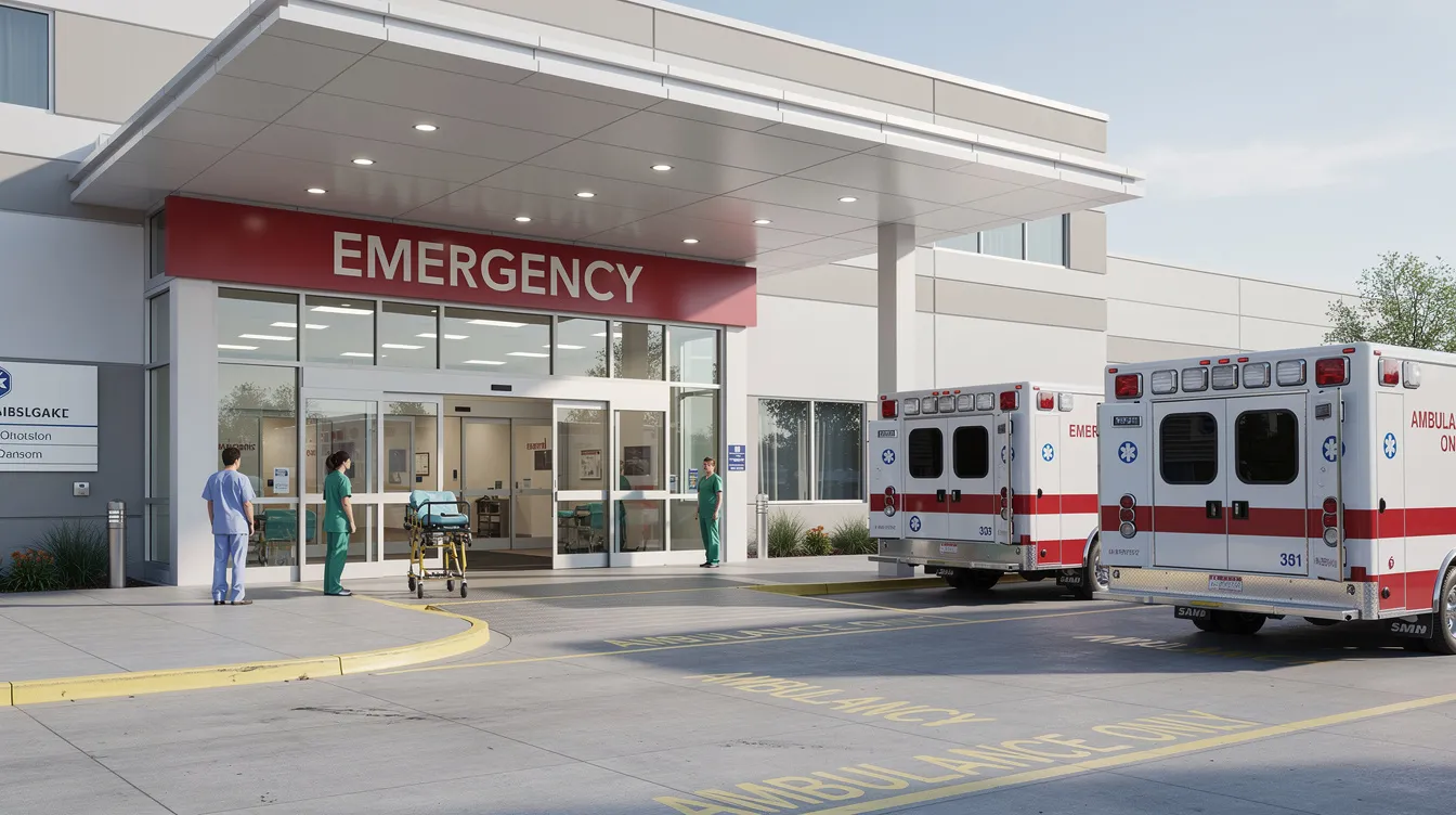 A hospital emergency room entrance with an ambulance bay, emphasizing the importance of medical expenses and health insurance in managing treatment costs after a car accident.