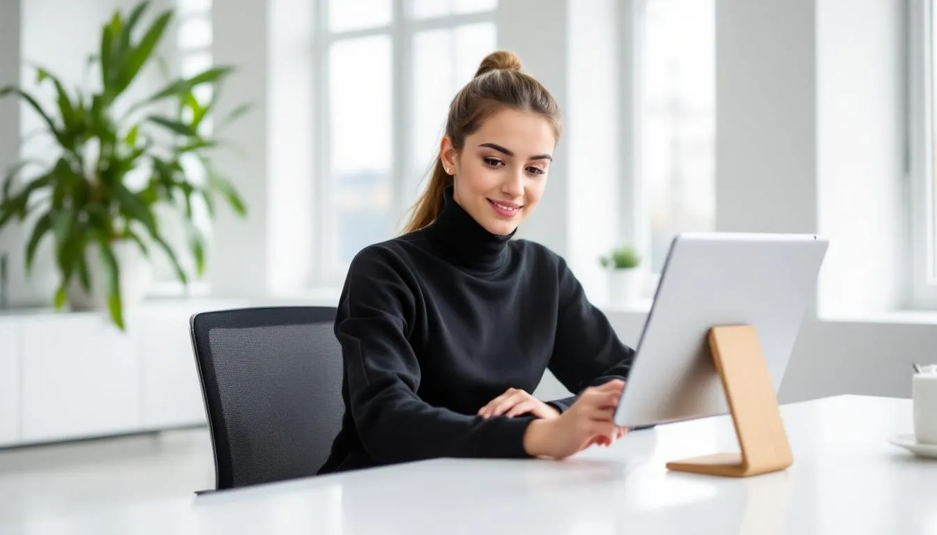 Un designer pr&eacute;sentant son portfolio aux clients sur un iPad.