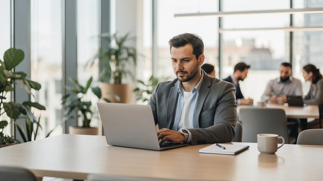 Un manager est assis à une table dans un espace de coworking moderne, concentré sur son ordinateur portable. L'environnement est dynamique, favorisant la collaboration et la communication entre les équipes, ce qui est essentiel pour la gestion de projets et le recrutement dans une entreprise.