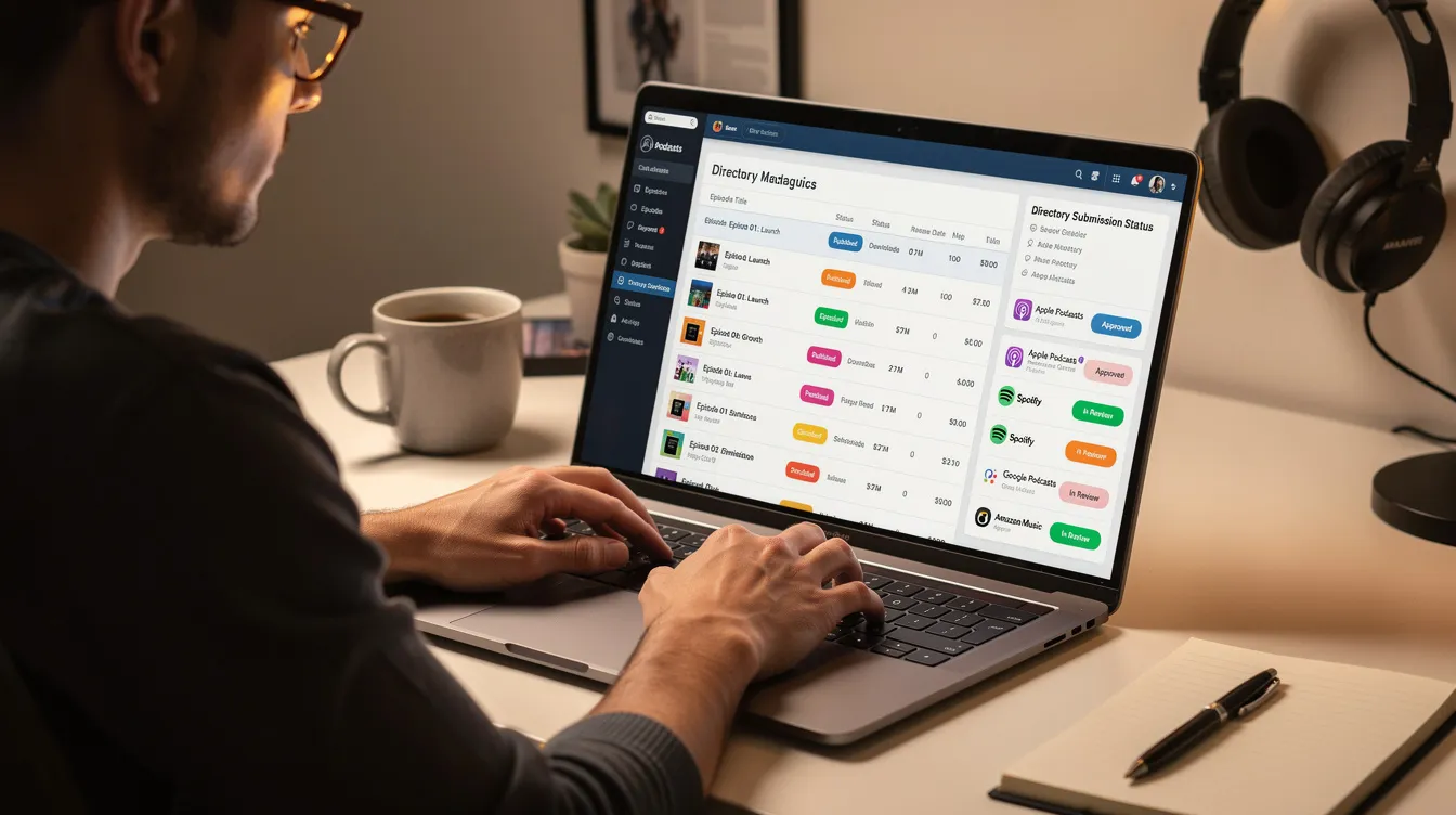 A person is seated at a desk, focused on their laptop as they review a podcast dashboard displaying episode listings and the status of directory submissions. This scene highlights the tools and features essential for managing multiple podcasts and ensuring a successful podcast launch. A person is seated at a desk, focused on their laptop as they review a podcast dashboard displaying episode listings and the status of directory submissions. This scene highlights the tools and features essential for managing multiple podcasts and ensuring a successful podcast launch.
