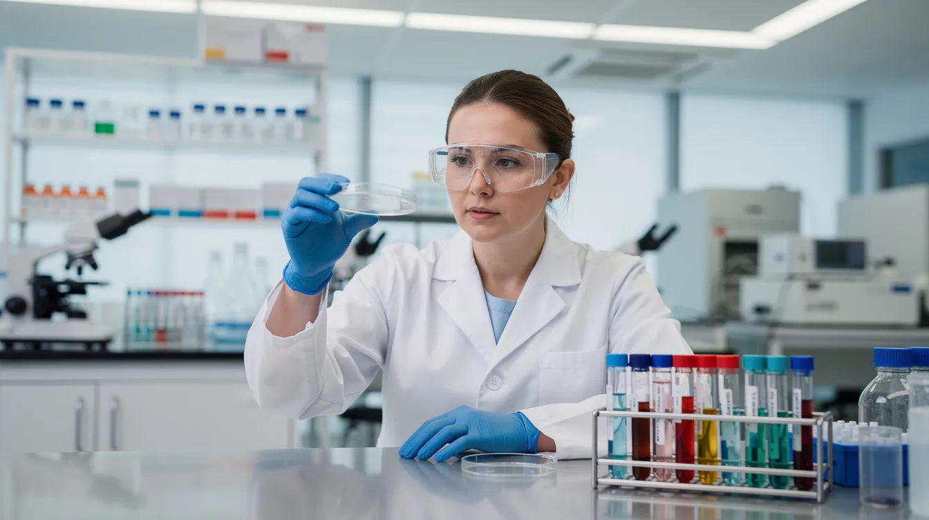 A researcher in a white lab coat is carefully examining samples in a clinical setting, likely related to studies on nicotinamide mononucleotide (NMN) and its effects on cellular metabolism and health benefits. The environment suggests a focus on clinical trials and the various administration methods for NMN supplements, such as oral and sublingual delivery.