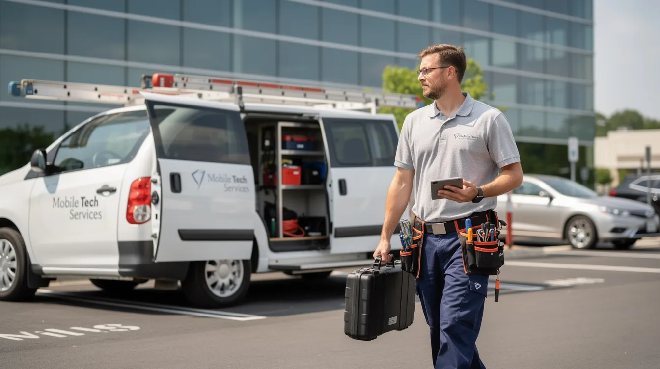 A mobile technician carrying various tools is approaching a commercial work van, ready to begin the installation process. The scene highlights the technician's role in utilizing GPS Insight technology to enhance service efficiency.