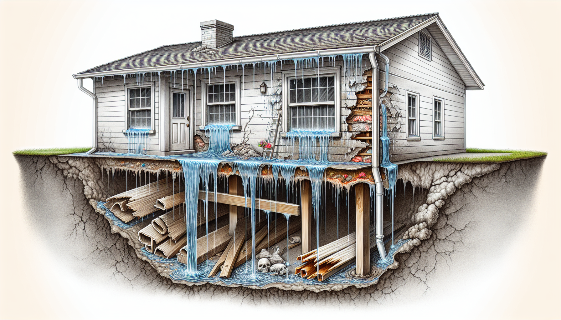 Illustration of clogged gutters causing leaks and water damage