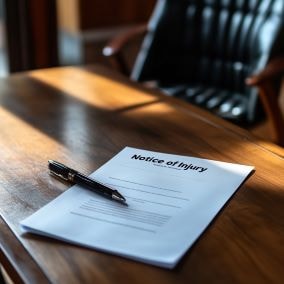 desk with paper entitled "Notice of Injury"