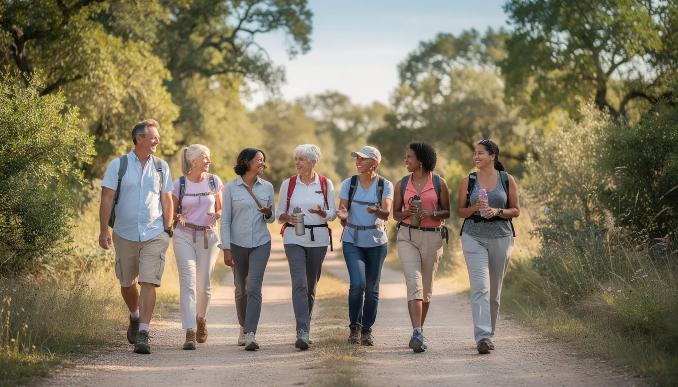 A diverse group of adults in their 50s and 60s is walking together on a nature path, promoting physical activity as a key lifestyle change to help reverse metabolic syndrome and reduce the risk of heart disease. Their outdoor exercise emphasizes the importance of maintaining a healthy weight and managing blood sugar levels for overall health.