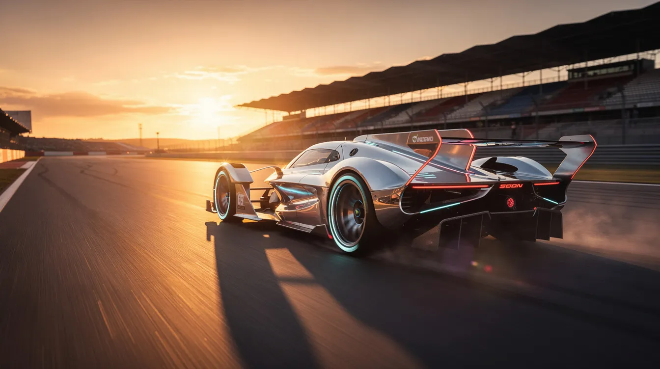 A sleek, futuristic racing car blurs past on a track at sunset, capturing the essence of high-speed competition. The vibrant colors of the sunset create a dramatic backdrop, emphasizing the car's dynamic design and the thrill of digital marketing strategies aimed at engaging potential customers.