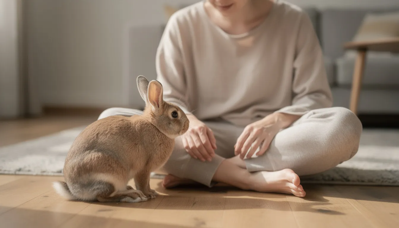 A person is sitting calmly on the floor at eye level with a curious rabbit, whose front paws are pointing forward and body is relaxed. The rabbit's ears are perked up, indicating its awareness of the environment, while its legs are tucked beneath it, showcasing typical rabbit body language that suggests it feels safe and comfortable in this social interaction.