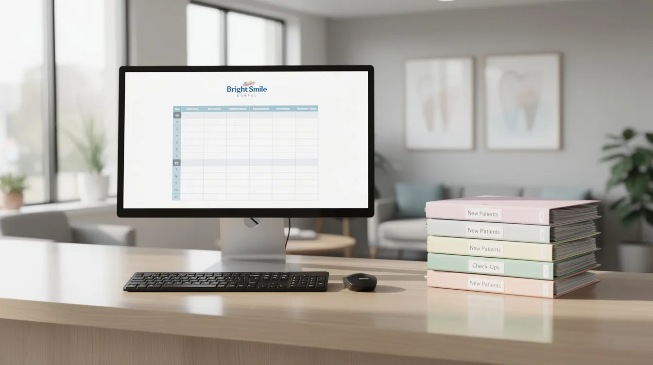 The image depicts a dental office reception desk featuring a computer screen, a neatly stacked collection of patient files beside a keyboard, and various tools essential for managing the dental billing process. This setup highlights the importance of proper documentation and efficient billing practices in ensuring timely insurance verification and reducing common dental billing mistakes.
